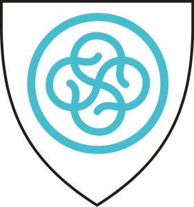 A turquoise celtic knot in the centre of a shield